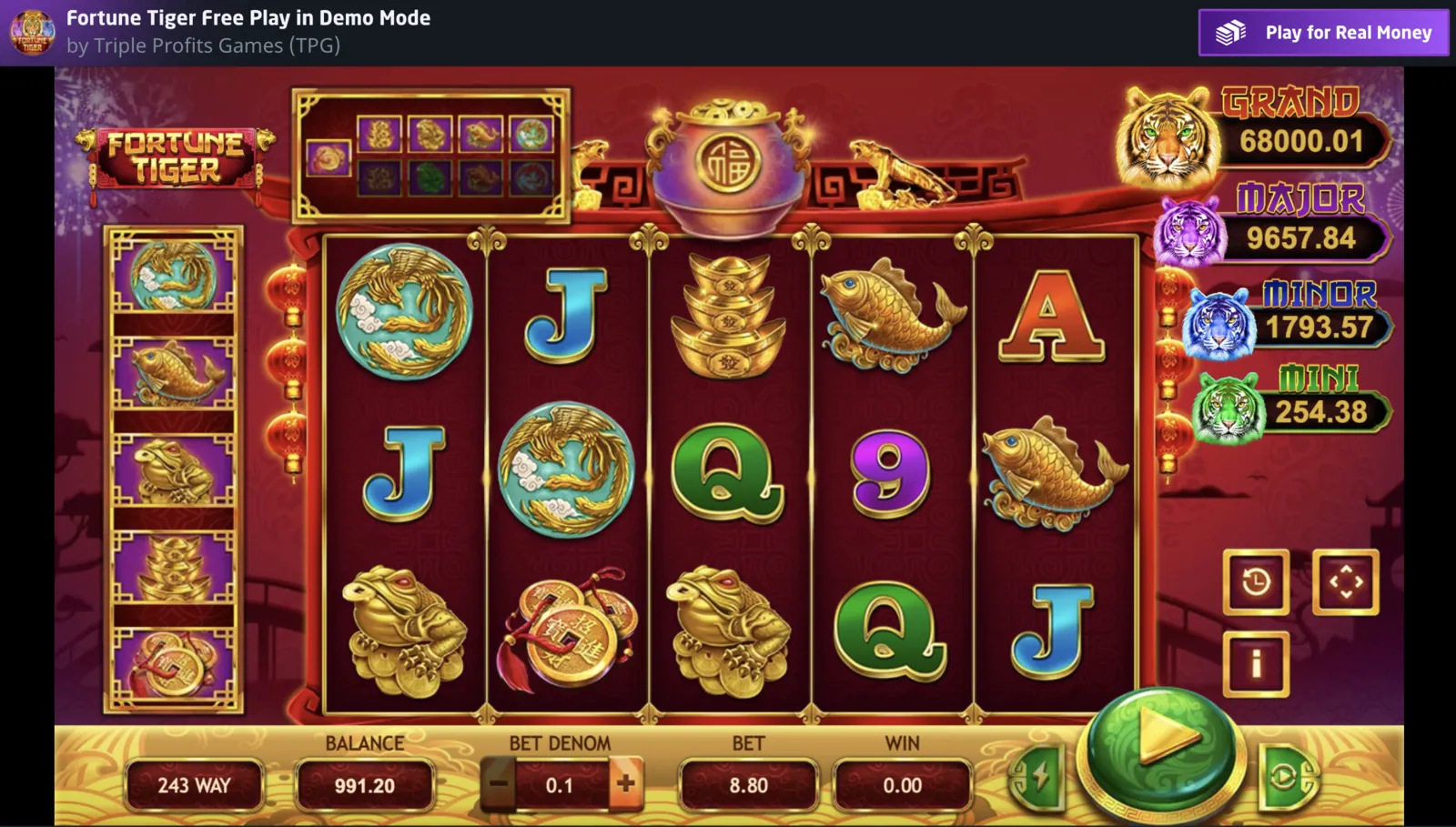 Tela do Fortune Tiger (Tigrinho) — grade 3×3 com símbolos de tigre dourado, lanternas e moedas chinesas