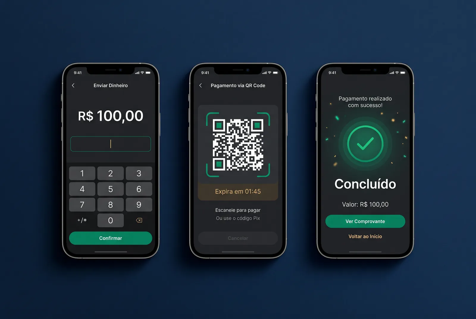 Fluxo de pagamento Pix em três etapas: valor, QR code e confirmação